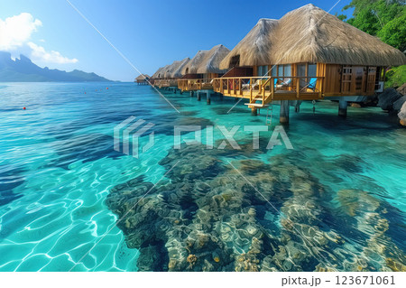 Pier with thatched wooden bungalow huts at Bora Bora situated in an azure sea AI Generative 123671061