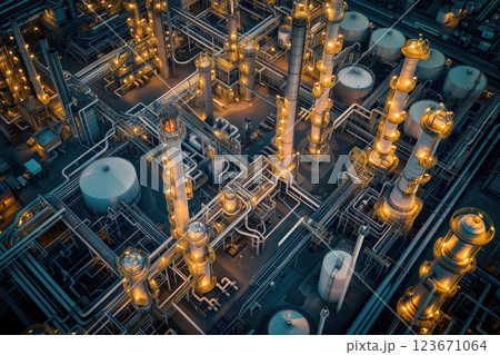 Oil refinery plant petrochemical storage tanks located in industrial factory zone of an oil refinery AI Generative 123671064