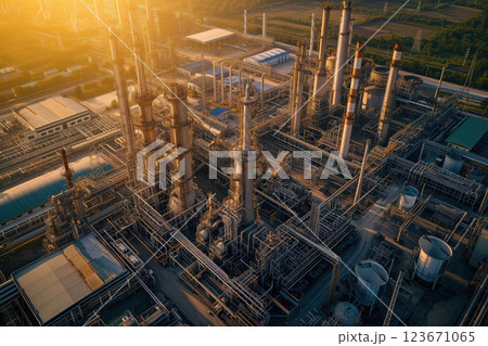 Refinery plant for oil petrochemicals in an industry factory zone with storage tank for oil AI Generative 123671065
