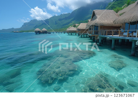 At Bora Bora, there is pier with thatched wooden bungalows surrounded by aquamarine waters AI Generative 123671067