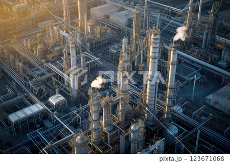 Oil refinery plant petrochemical factory zone, oil storage tanks have been installed AI Generative 123671068