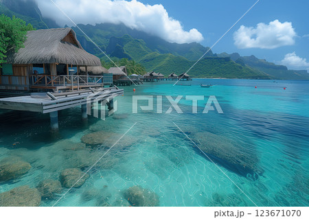 In Bora Bora, wooden pier is surrounded by thatched wooden bungalow huts in azure water AI Generative 123671070