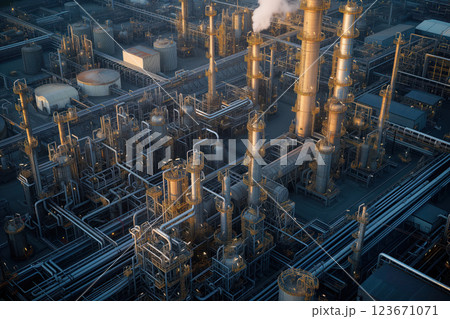 Oil refinery plant petrochemical from industry factory zone oil storage tank AI Generative 123671071