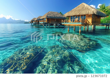 Boa bora pier with thatched bungalows surrounded by azure water AI Generative 123671072