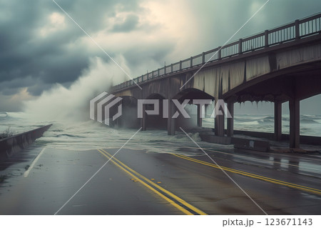 Torrent of hurricane water meets surge caused by high water near bridge AI Generative 123671143