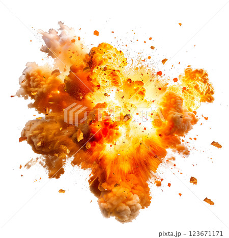 Fiery flaming hot bomb explosion effect transparent PNG set bundle, isolated background. Dynamic blast eruption, detonation, boom, bang, yellow orange blast 123671171