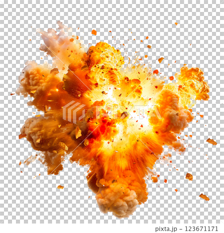 Fiery flaming hot bomb explosion effect transparent PNG set bundle, isolated background. Dynamic blast eruption, detonation, boom, bang, yellow orange blast 123671171