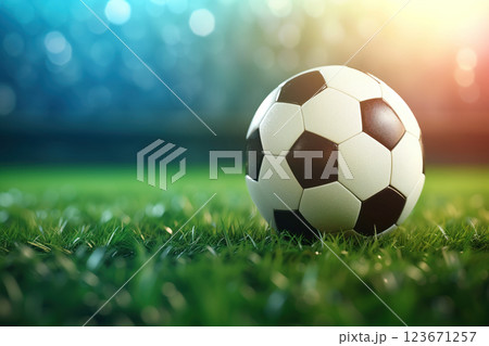 An soccer ball lying on grass in stadium with blurred stadium background can be seen. AI Generative 123671257