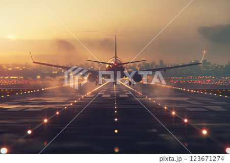 Landing of passenger aircraft on an airport runway AI Generative 123671274
