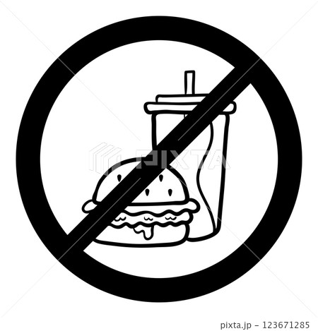 Vector Banner and Konka is a prohibitive sign that prohibits the use of fast food in the style of outline. 123671285
