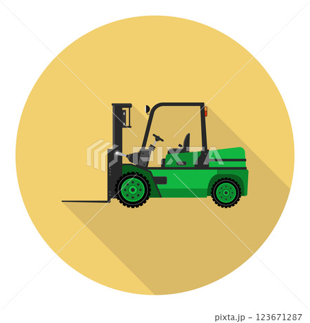 The vector icon is a flat-style forklift on a bright background, with a long shadow. 123671287