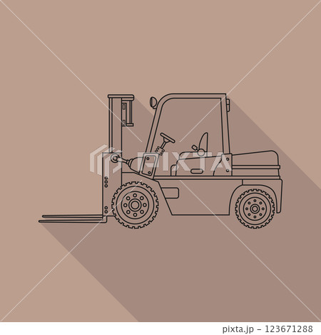 The vector icon is a flat-style forklift on a bright background, with a long shadow, in a tile outline. 123671288