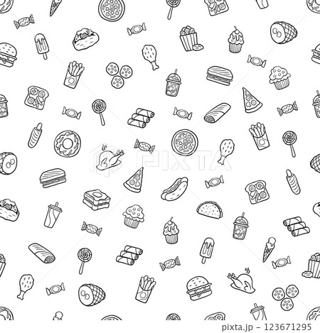 Seamless vector scribbling pattern fast food in a flat-style outline that depicts hot dog, sausage, pizza, burger, chicken grill, sandwich, French fries, drinks, sausage, charm, on a white background. 123671295