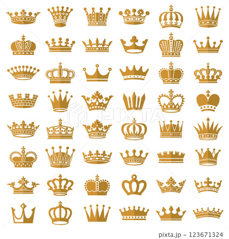 Gold crown icons. Queen king golden crowns luxury royal on blackboard. 123671324