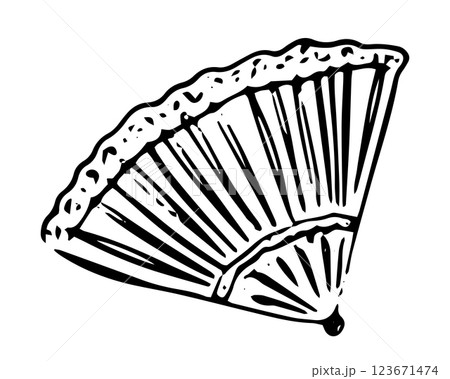 Vintage Fan whimsical vector illustration on isolated background. Naive Line art lace hand fan drawing for logotype or contemporary design. Monochrome minimal contour drawing classic woman accessory. Vintage Fan whimsical vector illustration on isolated background. Naive Line art lace hand fan drawing for logotype or contemporary design. Monochrome minimal contour drawing classic woman accessory. 123671474