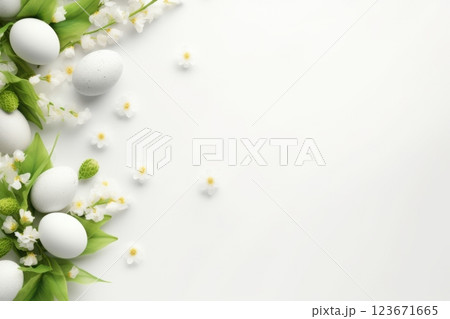 Flat lay Easter composition with colorful flowers, butterflies, and pastel eggs on a light background. Soft and bright spring design with copyspace, perfect for holiday greetings and creative projects 123671665
