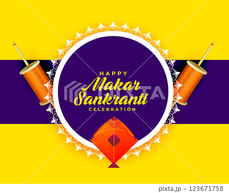 indian makar sankranti festival greeting with kites and spool of strings 123671758