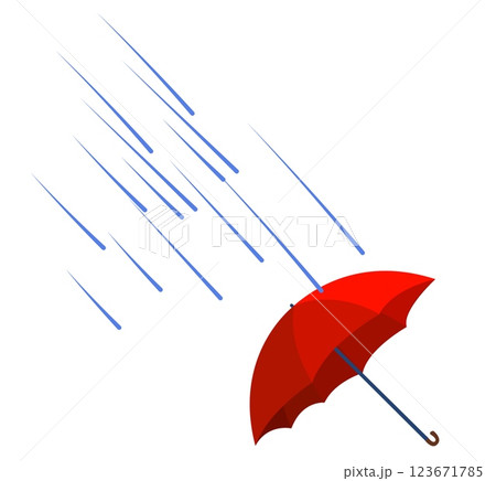 Bright red umbrella stands out against falling rain in a minimalistic vector illustration, capturing the essence of a rainy day experience 123671785