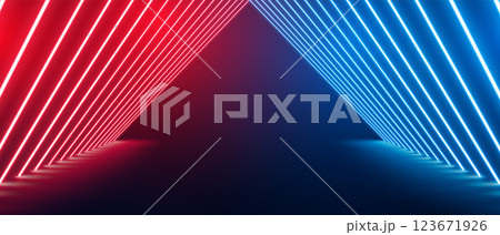 perspective neon floor stage in red and blue color 123671926