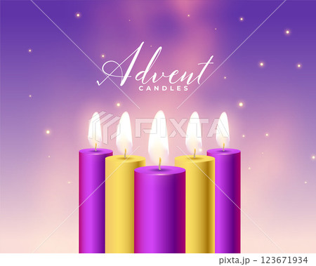 five advent candles in purple and golden color 123671934