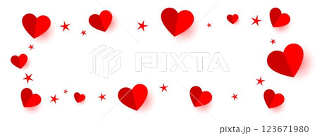 red hearts and stars frame banner with text space 123671980