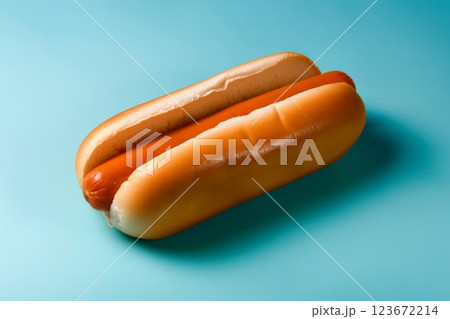 Mouthwatering hot dog with a golden bun presented on a bright blue surface, creating a pop of color and temptation 123672214