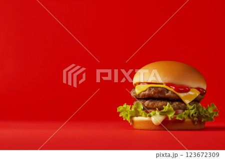 Photo capturing a mouthwatering cheeseburger with fresh lettuce, double patties, and flowing condiments against a vibrant red backdrop 123672309