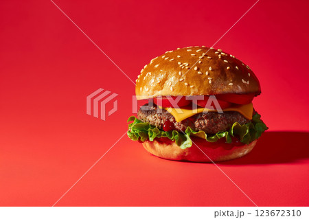 Mouthwatering cheeseburger with fresh lettuce and melted cheese presented against a vibrant red backdrop, evoking hunger and desire 123672310