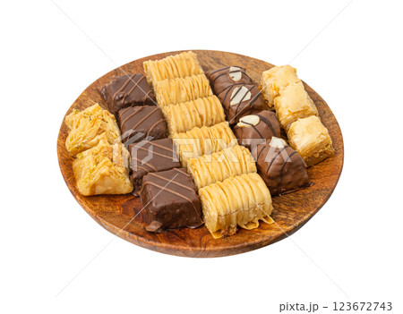 Baklava Isolated, Small Ramadan Dessert, Eastern Sweet Filo Pastries, Turkish Honey Baklawa, Oriental Desert Baklava Isolated, Small Ramadan Dessert, Eastern Sweet Filo Pastries, Turkish Honey Baklawa, Oriental Desert 123672743