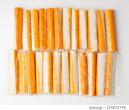 Crab Stick Isolated, Orange Crabstick Closeup, Crabmeat Food, Crabmeat Fish Sticks, Crab Sticks 123672756