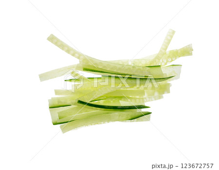 Cucumber cut isolated, cucumber slices macro, green vegetable cuts for salad isolated, healthy fresh pieces 123672757