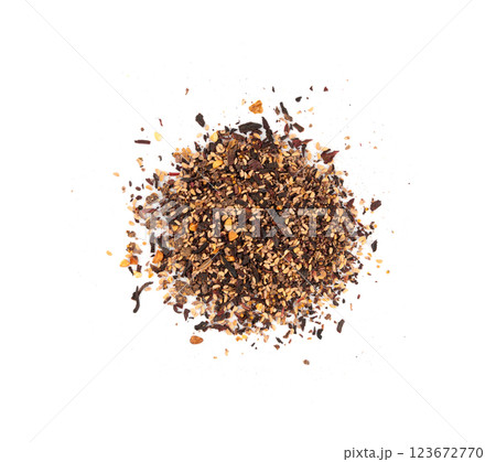 Dry black tea with hibiscus, fruits isolated. Raspberry seeds red tea, karkade flower leaves 123672770