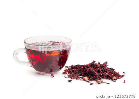 Hibiscus Tea, Dry Rose Drink, Cold Fruit Red Tea in Transparent Mug, Roselle Hibiscus Tea 123672779