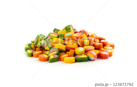 Round gummy candy piles set isolated. Small chewing colorful jellybeans, marmalade cuts, pills Round gummy candy piles set isolated. Small chewing colorful jellybeans, marmalade cuts, pills 123672782
