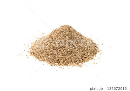 Milk thistle seeds powder, crushed silybum marianum grains pile, milled dry blessed milkthistle 123672916