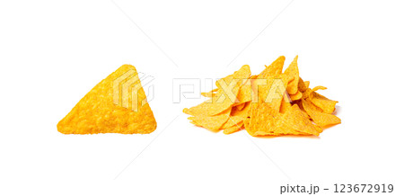 Nachos Chips Isolated, Mexican Triangle Corn Chips for Nacho Tortilla, Maize Snack, Nachos on White Background 123672919