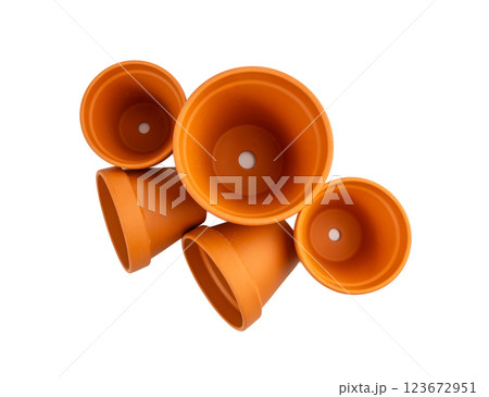 Empty terracotta flower pots, clay garden vase, brown ceramic plant container, garden pottery earthenware 123672951