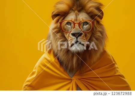 Lion with a regal mane wears glasses and a cape against a yellow background, symbolizing strength with a humorous twist 123672988