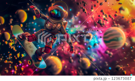 Robot Astronaut with headphones drifting on skateboard in outer space among planets, comets, stars. Vertical banner for music rave party. Musical trip Robot Astronaut with headphones drifting on skateboard in outer space among planets, comets, stars. Vertical banner for music rave party. Musical trip 123673087