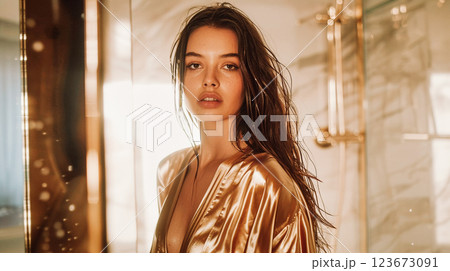 Reflection in mirror of a beautiful girl face with long hair in golden silk robe Modern luxurious bathroom. Young woman is looking back Female beauty This is AI-generated item 123673091