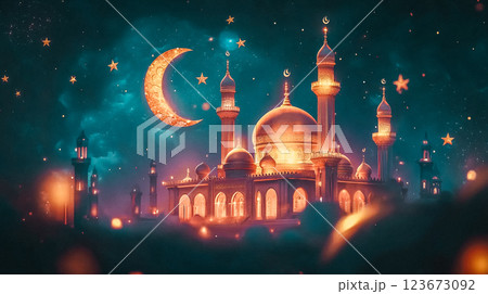Ramadan Kareem banner with mosque, moon, stars, celebration, greeting banner with traditional symbols Eid mubarak holiday festive card Deep blue color This is AI-generated item 123673092