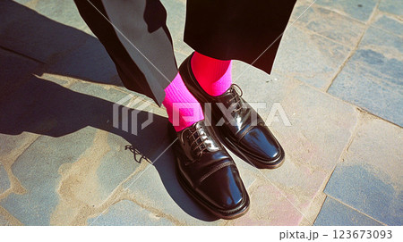 A man in a business suit, brown leather shoes, bright pink socks on a street. Unusual clothing style. Men's shoes. Stylish fashionable faceless guy. This is AI-generated item 123673093