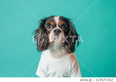 Charming dog dons a white t-shirt and jeans against a teal background, exuding a hip and suave demeanor 123673162