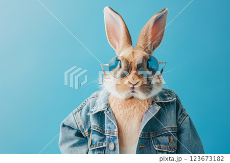 Fashionable brown rabbit donning trendy sunglasses and a classic denim jacket against a seamless blue background for a cool vibe Fashionable brown rabbit donning trendy sunglasses and a classic denim jacket against a seamless blue background for a cool vibe 123673182