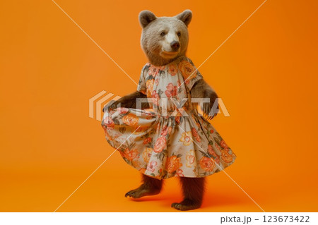 Whimsically dressed bear stands confidently against a vibrant orange backdrop, showcasing a charming, floral-patterned dress with playful elegance 123673422