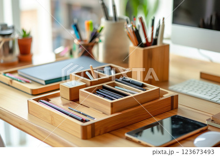 Wooden desk organizer holds pens, pencils, and office supplies, creating a tidy and efficient workspace with modern tech and plants 123673493