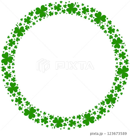 Round frame with green clover leaves isolated on a transparent background. Perfect for St. Patrick's Day designs and holiday decorations. High resolution vector illustration 123673589