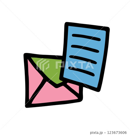 Doodle Open envelope with letter icon or logo, hand drawn, thin black line and colored 123673606
