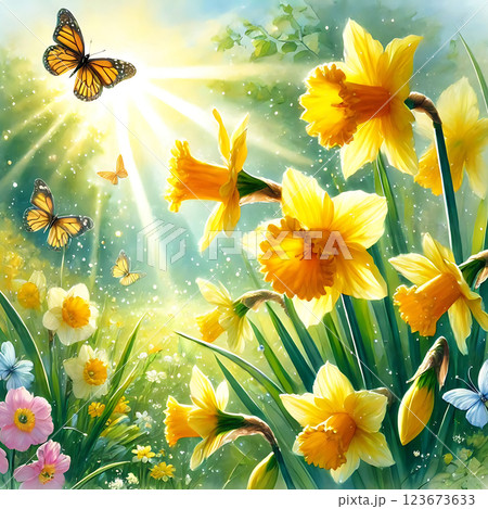 Bright yellow daffodils in full bloom under warm sunlight, surrounded by green grass and fluttering butterflies. A vibrant spring scene capturing nature's beauty and fresh beginnings, perfect for seas 123673633