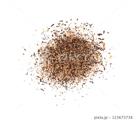 Dry black tea with hibiscus, fruits isolated. Raspberry seeds red tea, karkade flower leaves 123673738